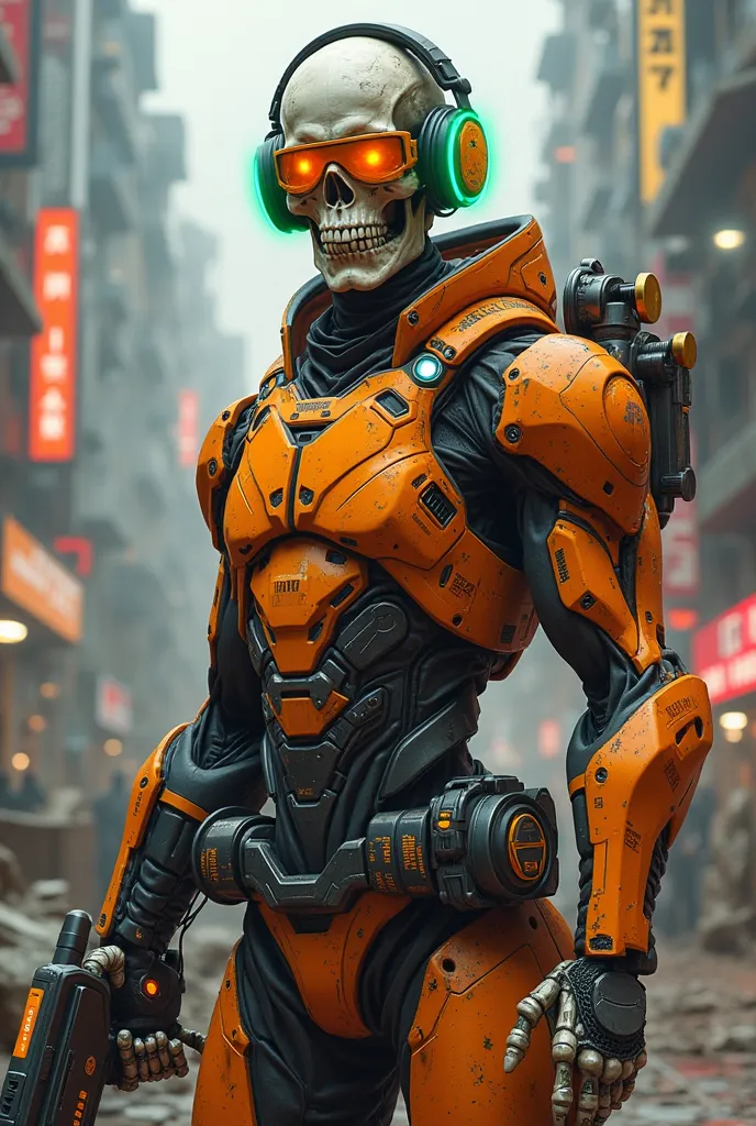 A futuristic undead warrior clad in smooth, orange armor that exudes advanced technology. The armor features sleek, sharp lines and smooth surfaces with glowing orange accents, integrated tech panels, and prominent energy cores running through its design. ...