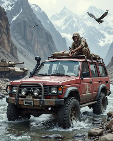 Photorealistic editorial image of a 1980s Mitsubishi Pajero (Gen 1) stranded on a rocky riverbed in Afghanistan's Hindu Kush. Faded crimson paint, dented quarter panels, and a cracked bullbar with a crooked snorkel. Chunky all-terrain tires submerged in gl...