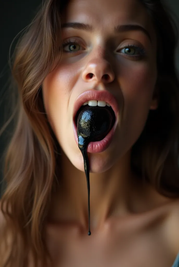 A half-naked girl with her mouth open in front of a black penis, thick, big and wet with cum dripping from her mouth