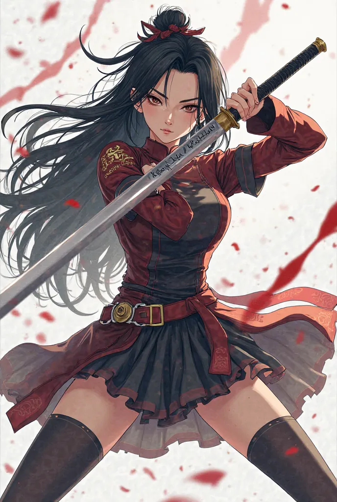 female character who looks like she is about 20 years old, illustration, Black long hair,  long hair, blunt expression, sharp eyes, straight eyes, lifeless eyes, pale skin, dark eyes, proud atmosphere, sword wielding posture, Scattered Hair, Oriental ladyb...