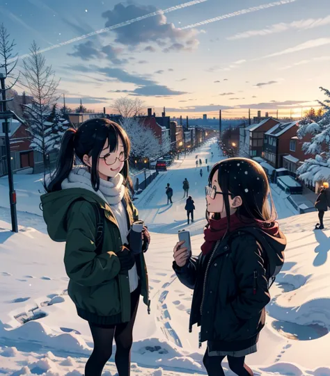   masterpiece，      nothing ，(   cute sow    ， Flat shade      )，  People wearing sophisticated glasses 々 々，         beautiful black hair    ，    fisheyecute young mother and cute daughter       people looking down on the winter city from the park garden 々...