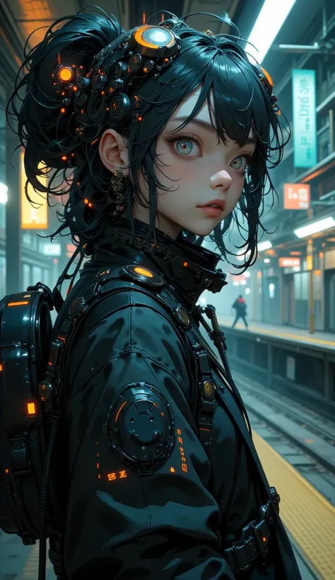   Very realistic 、High Quality Textures { x}  beautiful and delicate eyes、high image quality、Top Quality、exhaustive、 Tim Burton Style、cyberpunk、Advanced Technology、 Future City、It depicts a young woman、futuristic gothic costume、 cute、neon lights、illuminati...