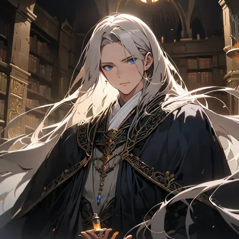 (((sfw, masterpiece, best quality, ultra-high-resolution illustrations, beautiful artwork, award-winning works, high detail))), (anime-style:1.2), ((vivid colors)), (1man), solo, (wise and scholarly man:1.3), (long silver-gray hair:1.3), (flowing hair:1.2)...