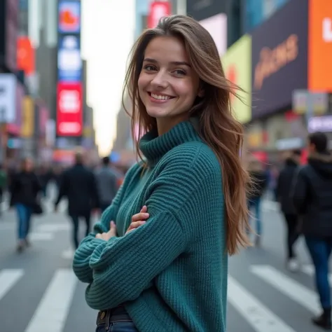  in high-definition images、 attractive young woman ,  beautiful eyes, Early Afternoon, teal knit,denim pants style 、  facial details ,  natural beauty ,  Full Body High Quality Image  , Times Square background, is standing, Smiling and looking at camera。