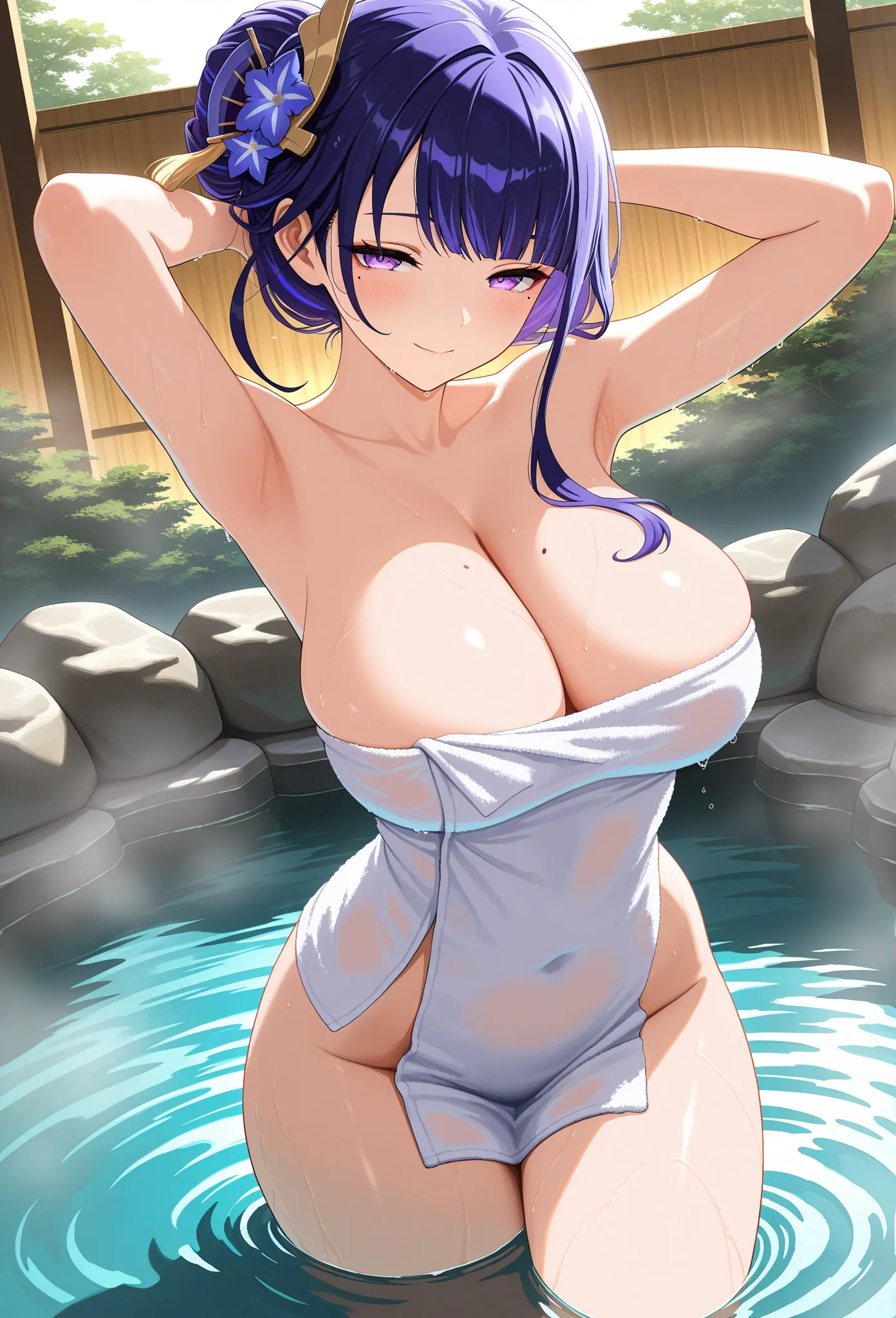 high resolution picture, masterpiece, best quality, amazing quality, official art, solo, 1girl, Raiden Shogun from Genshin Impact, 1girl, raiden_shogun, purple eyes, purple hair, mole, mole under eye, hair ornament, hair flower, ribbon, large breasts      ...