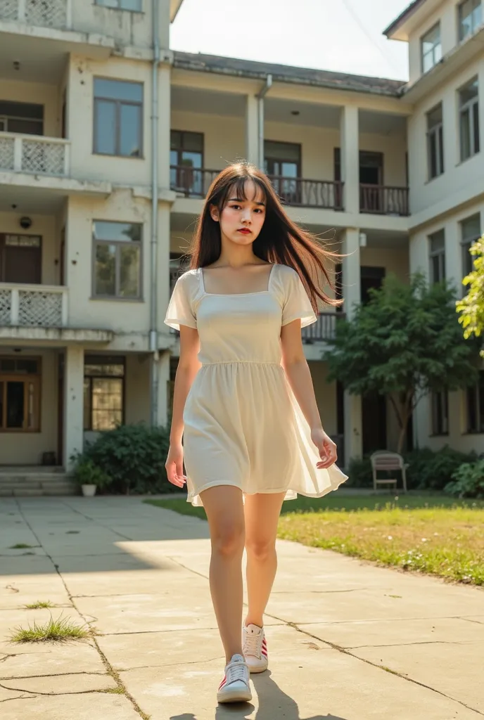 (RAW photo:1.2), (Photorealistic:1.4) A realistic documentary-style photograph capturing a young Chinese college girl walking leisurely across an old, half-deserted schoolyard in the warm glow of a spring early afternoon. The golden sunlight casts soft sha...