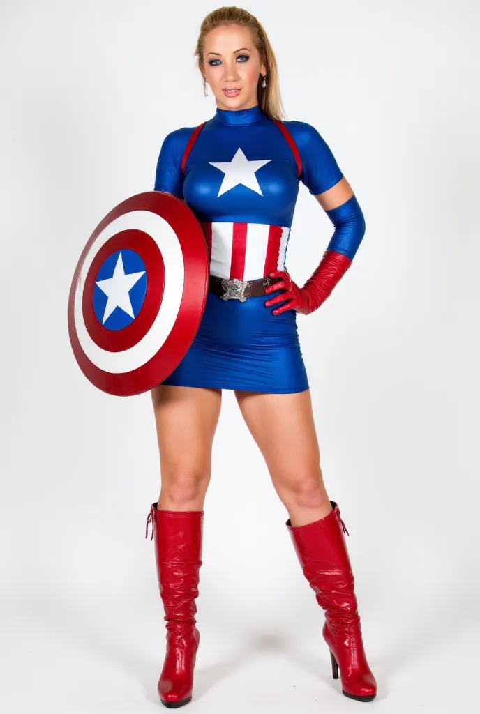 Captain America female version wears a blue bodysuit with white and red accents, a matching blue skirt, a white star emblem on her chest, and red boots. She holds a circular shield with the iconic star and stripes. Her hair is tied back in a practical yet ...