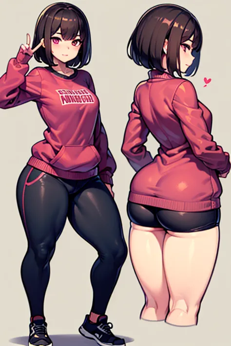 A girl with a flat chest , expressions and pose sweet and innocent,  Average size , short brown hair,  Pink Eyes, Narrow waist, big thighs and well-shaped butt, wearing sweatshirt, sports shoes and pants