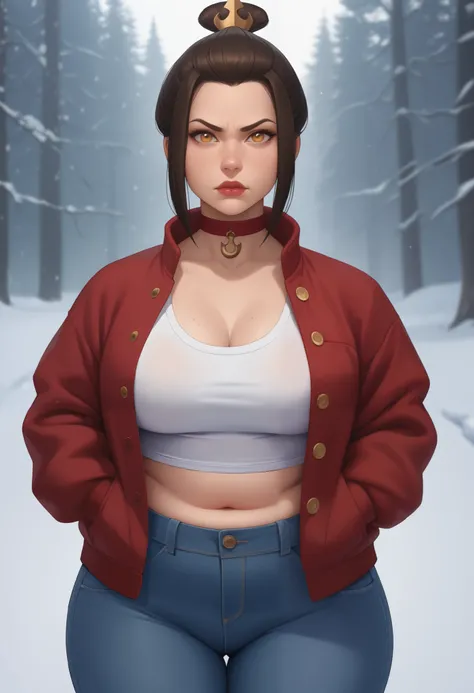 Azula, amber eyes. wavy dark brown hair strands above her shoulders. small breasts. huge hips. chubby. | choker, huge breasts chubby mother and skinnysmall breasts femboy daughter , looking at viewer, red lips, cowboy shot, trimmed jacket, jeans. shirt. pa...