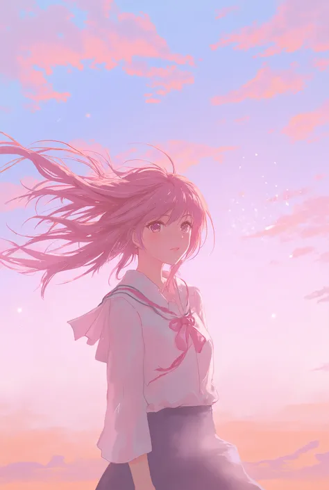 "A breathtaking anime-style illustration of a young girl with flowing pink hair standing against a serene sunset sky. The warm glow of the setting sun illuminates her face and hair, creating a soft and dreamy atmosphere. She wears a classic Japanese school...