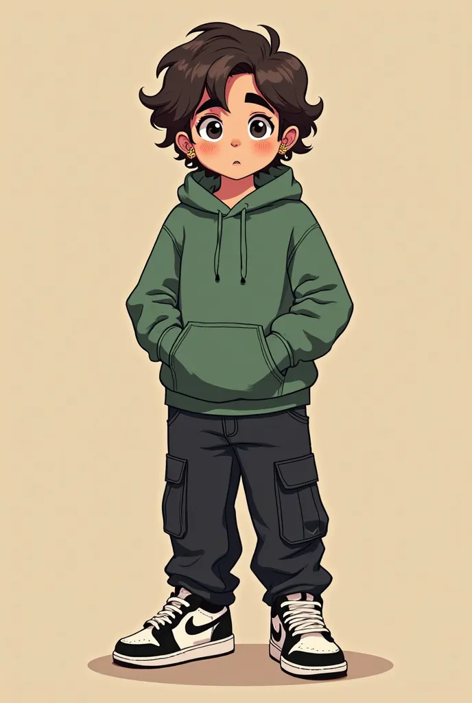  make the image of a boy in brown candy color, green sweatshirt with his hands in his sweatshirt pocket, and black cargo pants and a black and white Jordan-style sneaker, with his face showing and his hair is curly low, Cross ear earring and make in CARTOO...