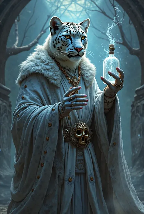 Snow leopard wizard, Magic Attributes,  is in an interesting position, holds a bottle of magic elixir in one hand, Yorick skull pose, the other hand derives. 