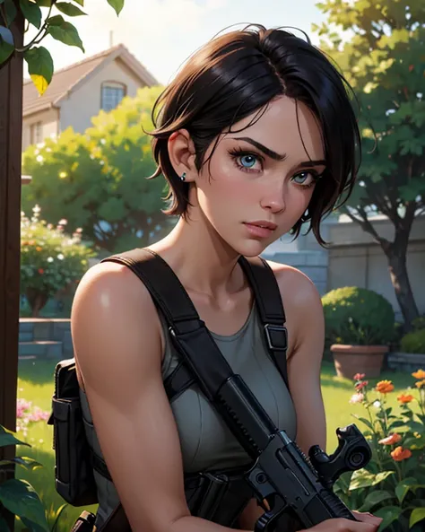 Resident evil girl latina skin, very short shaved hair, with holster, black clothes, tactical holster, and holding a gunner, angry, Boromey Meas