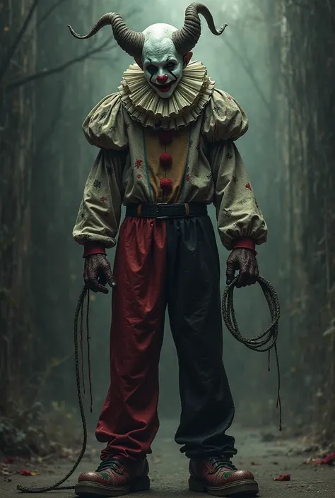 Tall clown with horns dressed in black and red pants with a whip