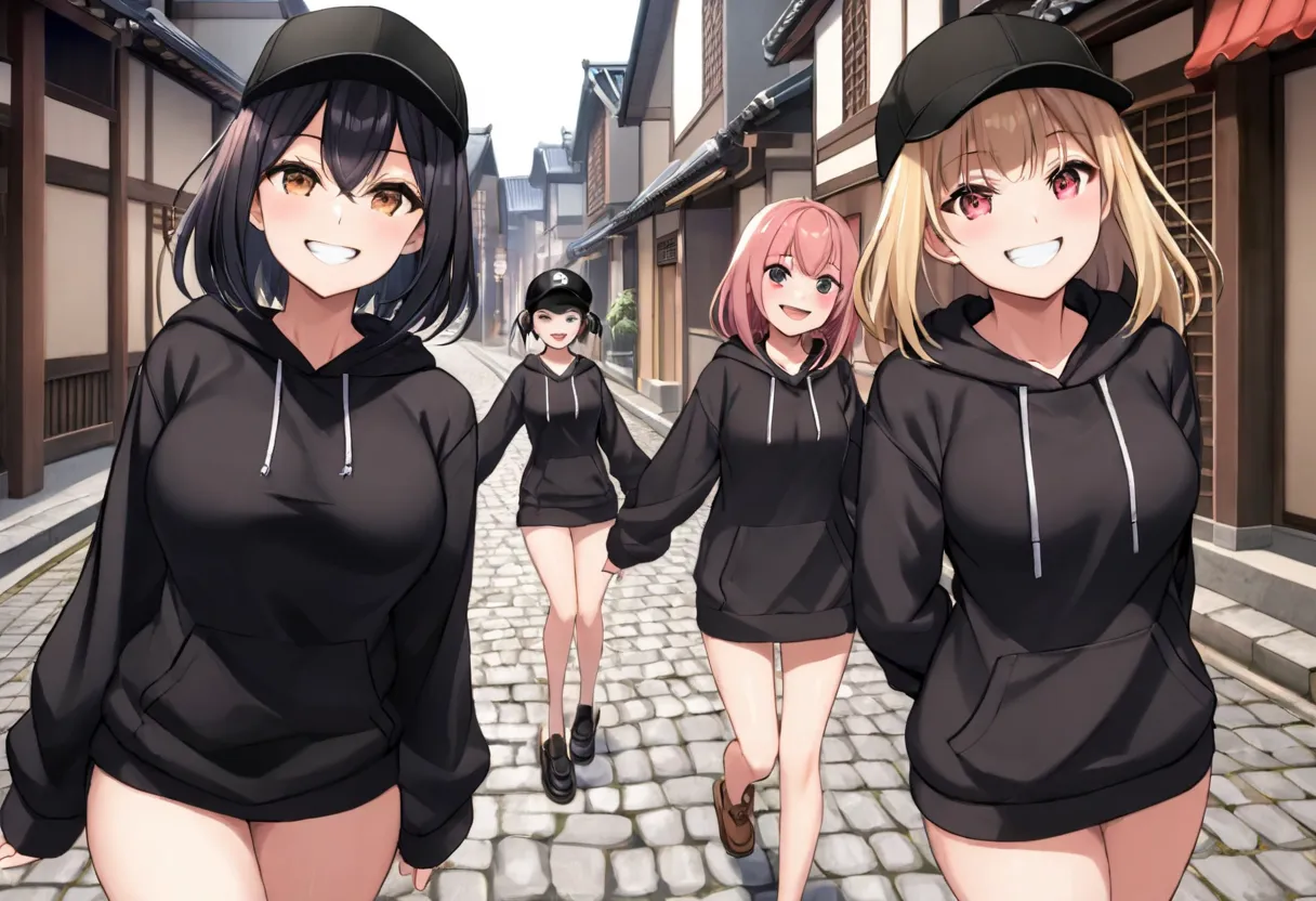 (( Masterpiece , Top Quality , dynamic angle ))、((( Three girls , a simple design Black hoodie , a simple design black cap , big breasts , small breasts , grin  )))、( detailed face , Edo , streets, cobblestone lanes )