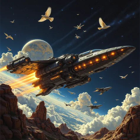 spaceship poster closeup with flying birds, 1980s Heavy Metal Album Art, peaceful atmosphere , 1 9 8 0 s sci - fi Cover art, creation cinematic , 1988 vinyl cover, Cover art, Asia, power metal album cover, metal album Cover art
