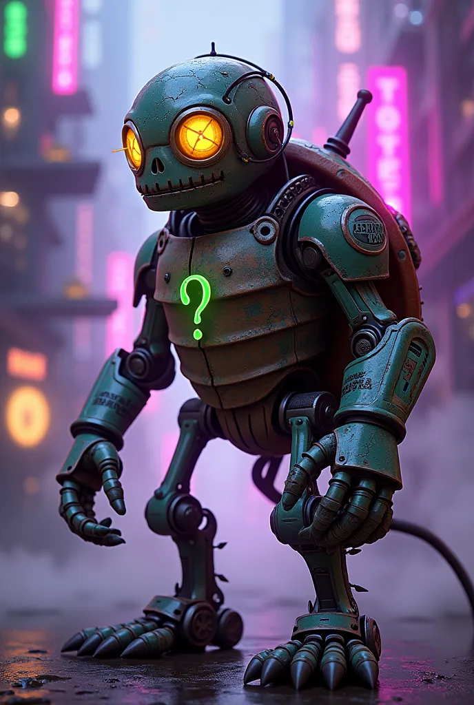 Depict Coop  (Dry Bones) from Mario in cyberpunk style. Full-length character: cyborg skeleton with neon inserts (purple and acid-green wires instead of tendons). Skull - metal frame with holographic “skin” imitating cracks. Eyes - scanning lenses with HUD...