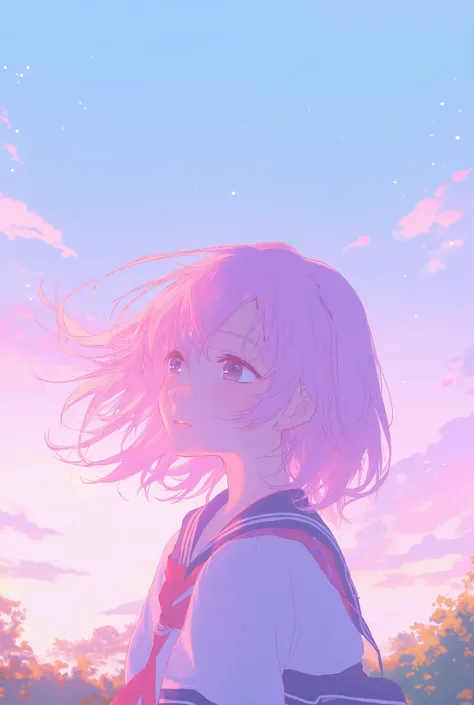 "A breathtaking anime-style illustration of a young girl with flowing pink hair standing against a serene sunset sky. The warm glow of the setting sun illuminates her face and hair, creating a soft and dreamy atmosphere. She wears a classic Japanese school...
