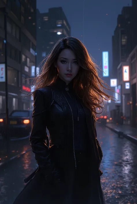 1 Female、American Beauty、Super beautiful、Facial beauty、blue eyes、Standing、Golden black Hair、Night Street、Backlight、The wind is blowing、it&#39;s rainin