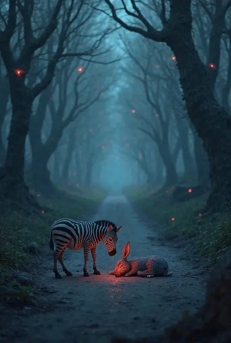 A highly detailed 3D-style cartoon scene set in the same dark and eerie forest with a straight road. The background remains consistent, featuring mist, glowing red eyes in the shadows, and twisted trees, creating a suspenseful atmosphere. A zebra has walke...