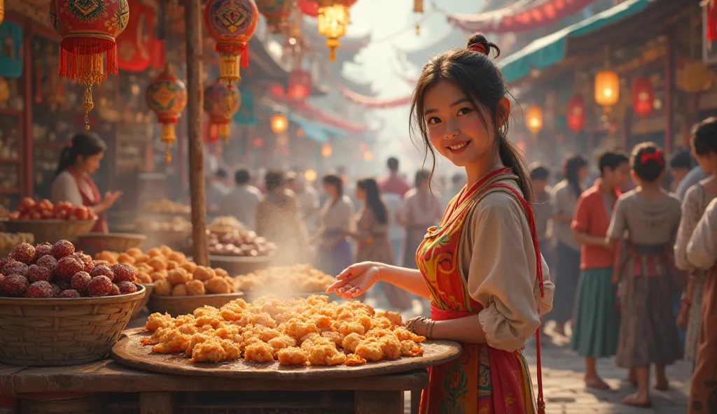 A beautiful girl from the Asian region is selling fried foods to a crowd of shoppers in a traditional market 