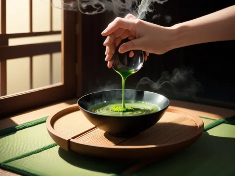 In a tranquil Japanese tea room, tea utensils are neatly arranged on the tatami mat.
A jet-black lacquered tea bowl holds the vivid green matcha, while a pair of hands gracefully whisk the tea with a chasen.
Beyond the shoji screen, a breathtaking Japanese...