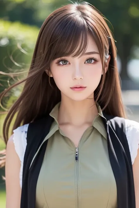 Italian girl anime version (The power to control the wind,  purple eyes and light brown medium hair,  Italian Green and Black Sleeveless Clothes and Jackets)