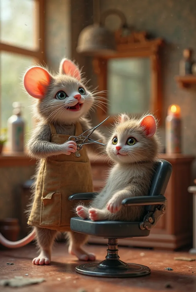 Create an ultra-realistic 8K image of a mouse barber cutting a cat's hair, with the cat sitting in a salon chair. The mouse wears a small barber apron, holding tiny scissors in its paws, focused on its work. The cat has a surprised yet relaxed expression, ...