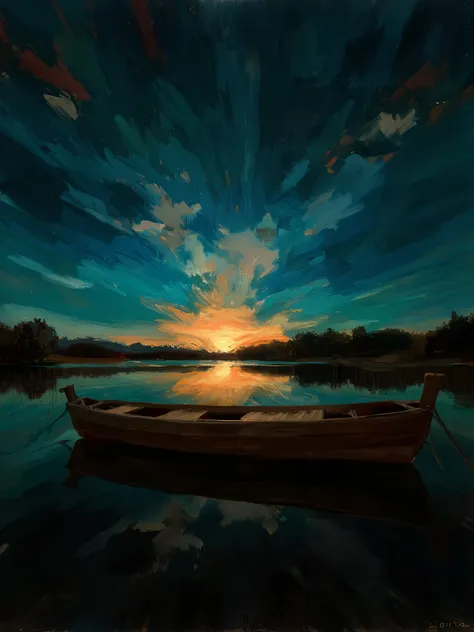 a stunning sunset lake landscape, a wooden fishing boat on a serene lake, dramatic sky with vibrant colors, sunlight reflecting on the water, an incredible award-winning abstract art piece, high quality detailed illustration, inspired by El Lissitzky, bold...