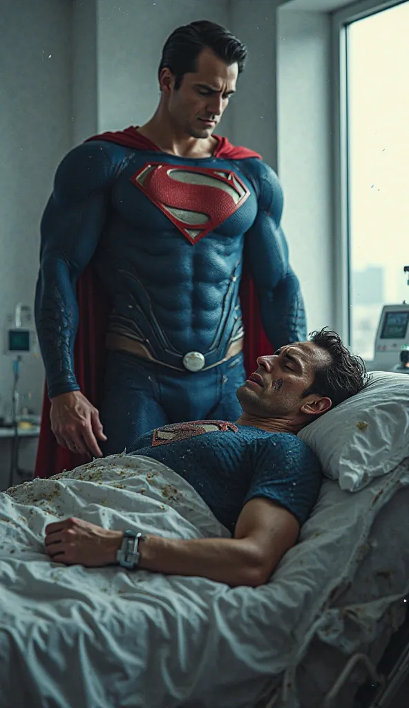 Captain America is lying in a hospital bed with Superman standing next to him