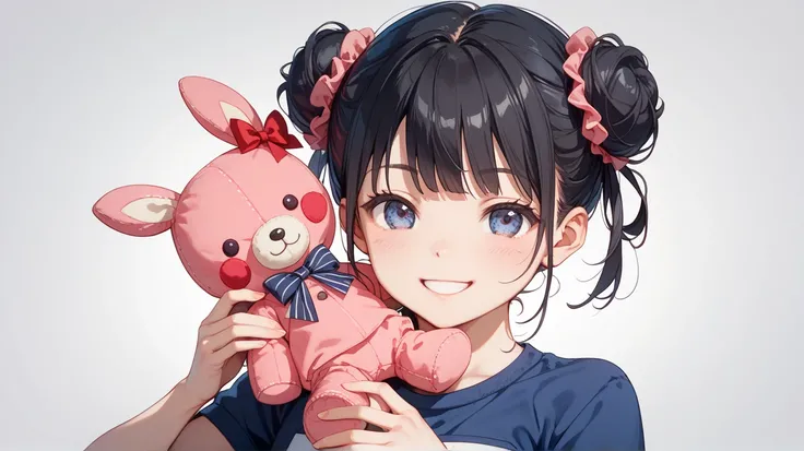 1 girl、cute、younger sister、 black hair、simple background、 has red cheeks、smile、 gym clothes、Double bun hairstyle、 elementary school student、 plush toy