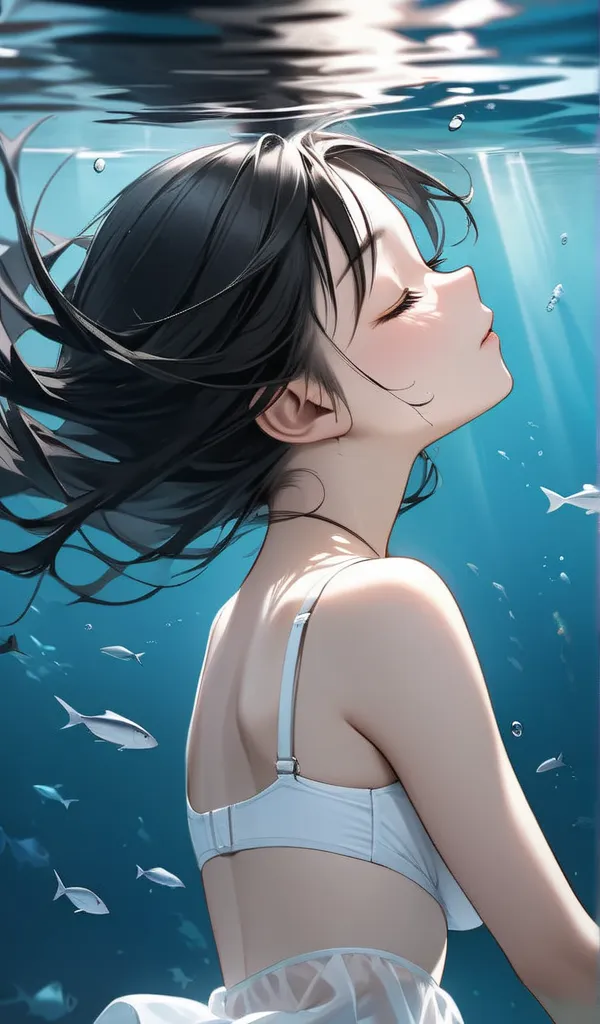 Ultra-realism
junior
fainted
lose consciousness
closed eyes
floating
underwater
black hair
white bra
small cheast
back view