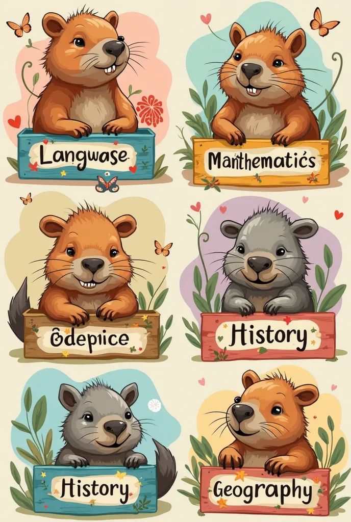 Capybara labels for language, Mathematics, Natural Sciences, history and geography subjects with the name of Vicente Ramírez Bastias 3rd grade 