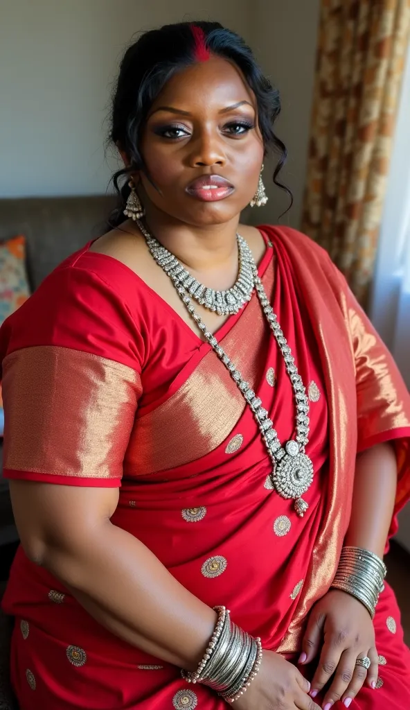 50 years old indian bbw chubby plus size heavy weight healthy thick glossy black skin house wife wearing ghaghra choli and silver jewellery and ornaments like bangle bracelet bajuband armlet anklets sindoor bracelet bajuband full body photo Toe to head 