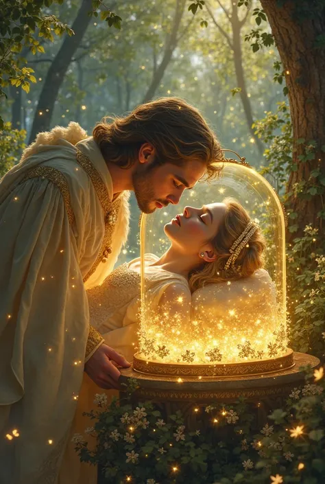 The Prince and the kiss of true love, with the golden light surrounding Sophia who is in a deep sleep inside the Glass Box.