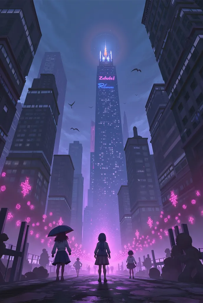 anime characters in a dark city surrounded by purple and blue lights, concept art by Yang J, trending on Artstation, conceptual art, official splash art, riot games concept art, league of legends arcane, heise jinyao, league of legends splash art, league o...