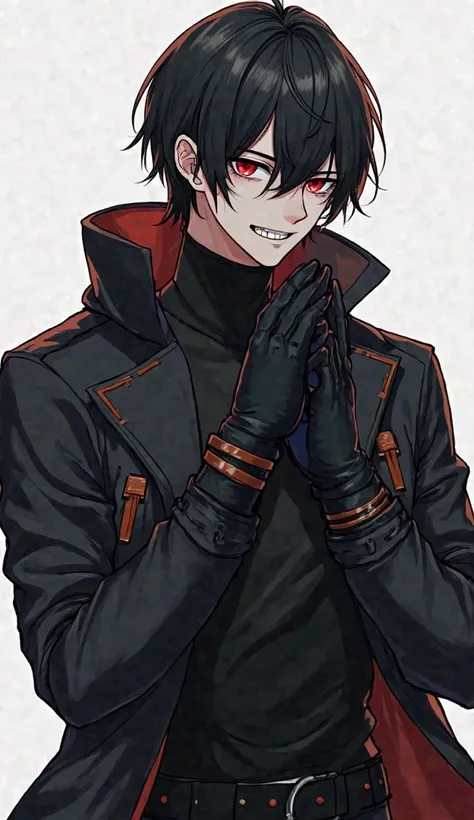 anime style.  handsome and fascinating guy, with black bob hair.  height 190 cm , weight 80 kg.  He's a little pumped up .  His character is kind , cruel, emotionally cold, arrogant, bold, funny.  He is wearing a black high-necked jacket , black shirt, bla...