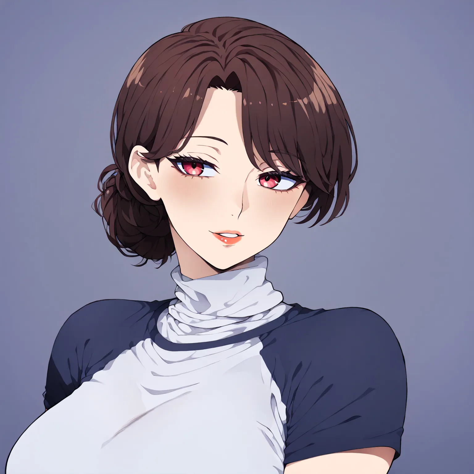 (( t-shirt )), ((mature woman:1.9)), (((Detailed face))), anime style, 1chica, (Masterpiece: 1.5), (2.D), shiny skin, ( white turtleneck blouse ), (brown brown hair), (((messy bun))), red eyes, Looking at the spectator, (seductive look), (provocative), ( p...