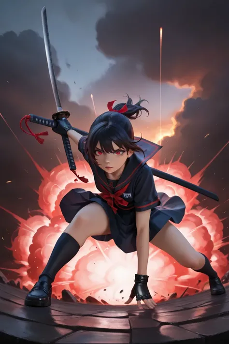 masterpiece, best quality, amazing quality, front view, from below, 1girl, solo, short hair, black hair, ponytail hair with red ribbon, red eyes, black and red sailor uniform, short sleeve, (black fingerless leather gloves), superhero landing pose, holding...