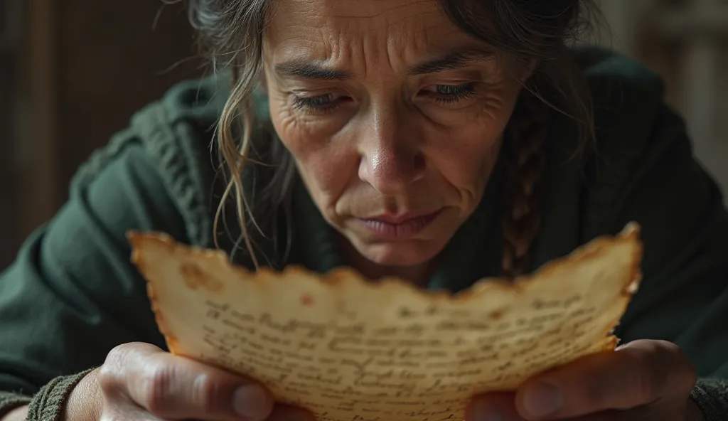 A woman holding an old letter with trembling hands