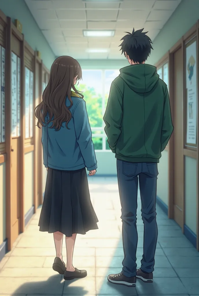 That a boy and a girl are meeting for the first time in a university hallway, The girl is wearing a long black skirt with a blue jacket, The boy is wearing a green jacket with a blue jean, do it in anime style