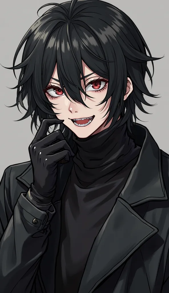 anime style.  handsome and fascinating guy, with black bob hair.  height 190 cm , weight 80 kg.  He's a little pumped up .  His character is kind , cruel, emotionally cold, arrogant, bold, funny.  He is wearing a black high-necked jacket , black shirt, bla...