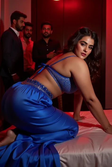 Pov front view, bedroom scene, 26 year old very beautiful North Indian  plus sized woman in blue colour body tight silk saree and net bra, belley button exposed, laying on a bed on her knees in a bedroom , bended over to the bed, face touching on bed, look...