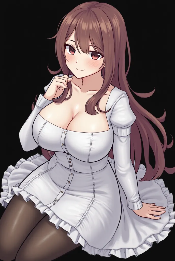  1 female , alone,  _eye,  long_ hair , smile,  Sitting ,  _ hair ,  long_sleeve, open_mh,  bangs, Touching the breasts of a girl who has very large breasts _ long_ hair , puffy_ long_sleeve, Looking _~to_viewer, puffy_sleeve, shirt, Ahogeo,  _shirt, feet_...