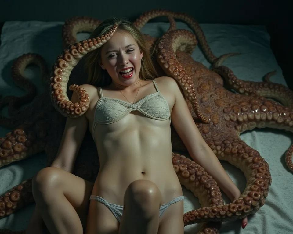 A woman in underwear is being eaten by a giant octopus。
 she is screaming in so much pain。
She has wide open thighs。
The octopus is slurping her 。
実写風
tearsを流しながら助けを求めている
号泣，tears