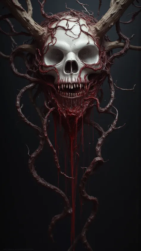 「 floating on a dark background 、Red tentacles and complex organic entanglements spread。the color of blood and reflection of light are vividly expressed on the face like a white skeleton、Composition that creates an eerie sense of tension、Sharp fangs peek o...