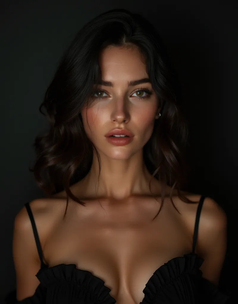  portrait Face , Imagen realistic, photography, aesthetics.  detailed image. Ambiente de dark, Sobrio,  high standard . front view,  front focus.  front pose. Woman with an arrogant look,  delicate face,  tense jaw , curved body,  Perfect . Her clavicles a...