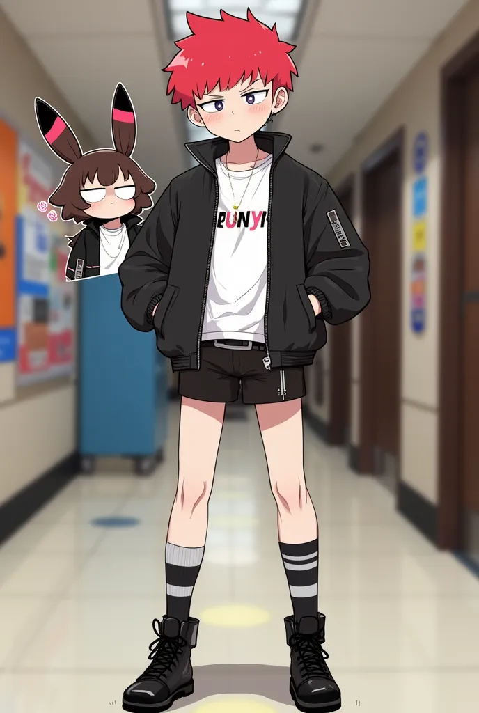  cartoon, a young man with short hair and vibrant red, with a slightly pointed style. He is wearing a black zipped jacket, a white t-shirt with a, Shorts bege, high socks with black and white stripes, and heavy black boots.  There is a visible belt at your...