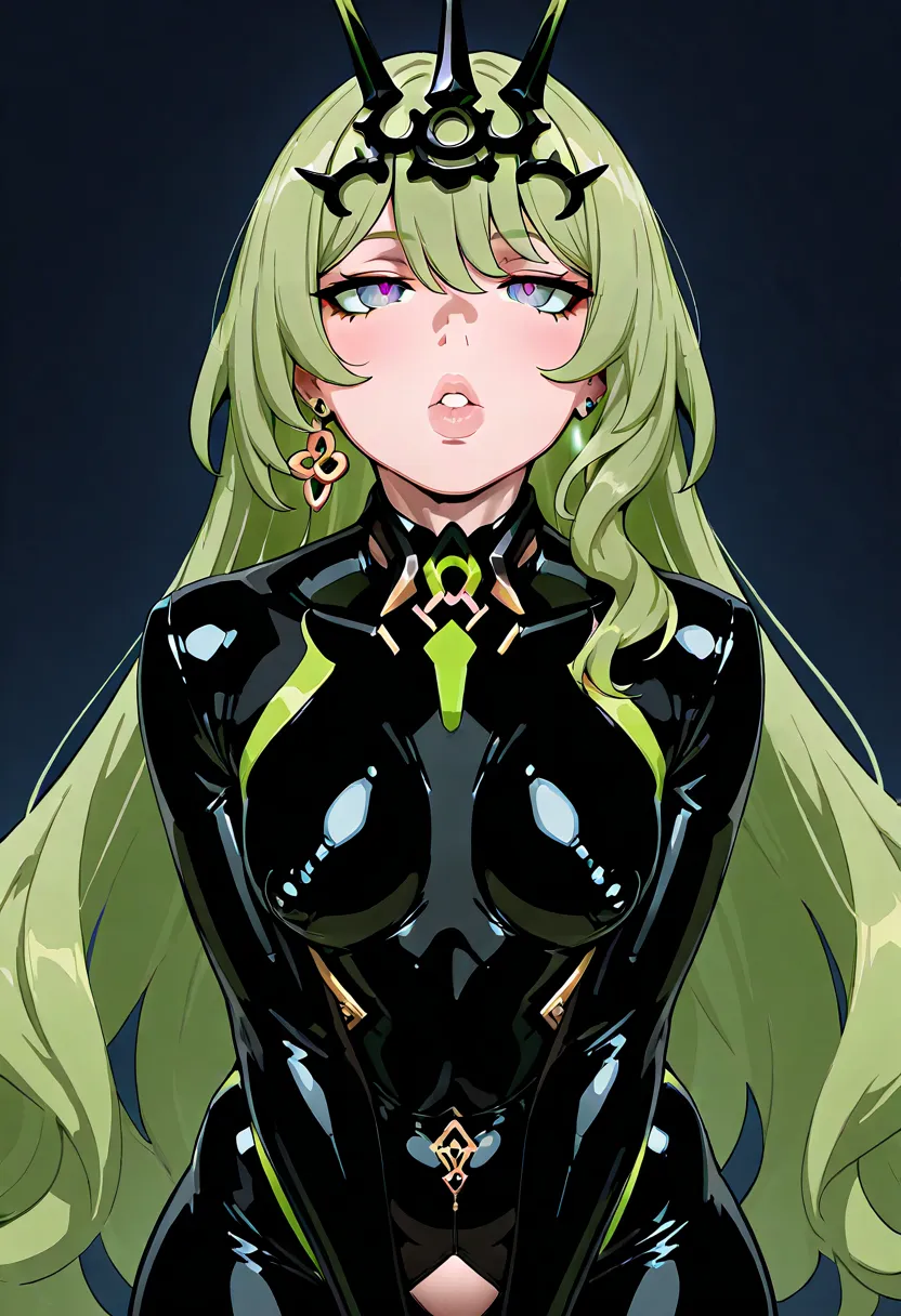 Mobius (Honkai Impact 3), mature woman, fit woman, firm body, muscular woman, heavily thighs, small breasts, soulful eyes, beautiful eyes, latex suit, tight black rubber bodysuit, full-body stockings neon suit, black tight suit, embarrassing, staring at yo...