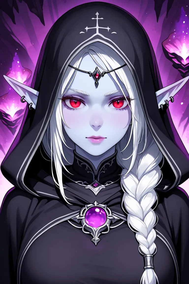 A semi-realistic portrait of a female Drow Elf with long, flowing white hair, lavender-colored skin, and piercing red eyes. She has a voluptuous figure with a big chest and wears intricate dark cleric robes dedicated to Lolth, adorned with spider motifs an...